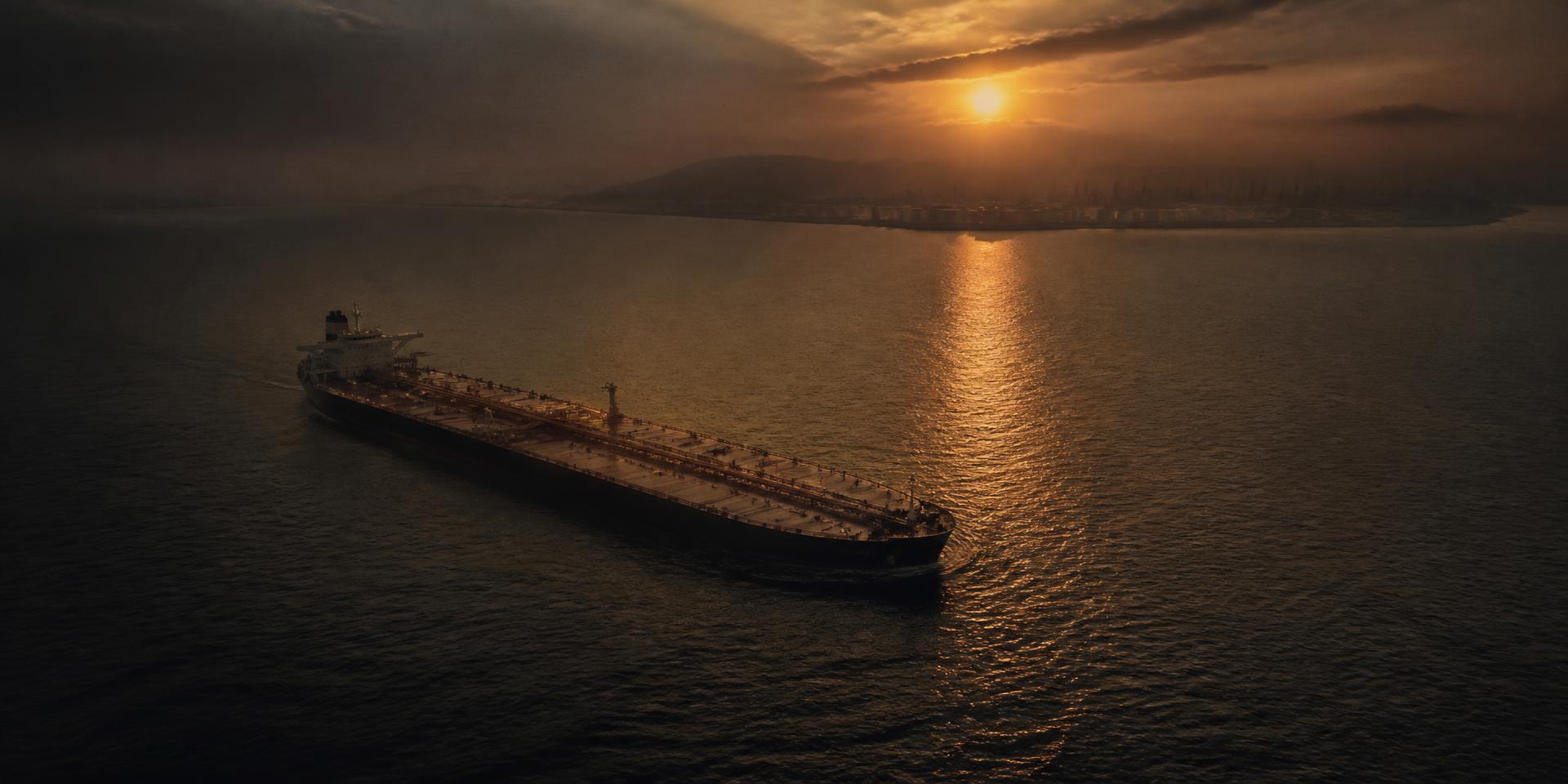 Crude oil tanker crossing open water at sunset